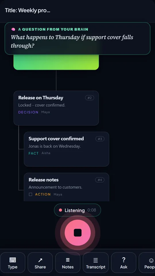 TalkGraph's pop-up, A question from your Brain, during a conversation