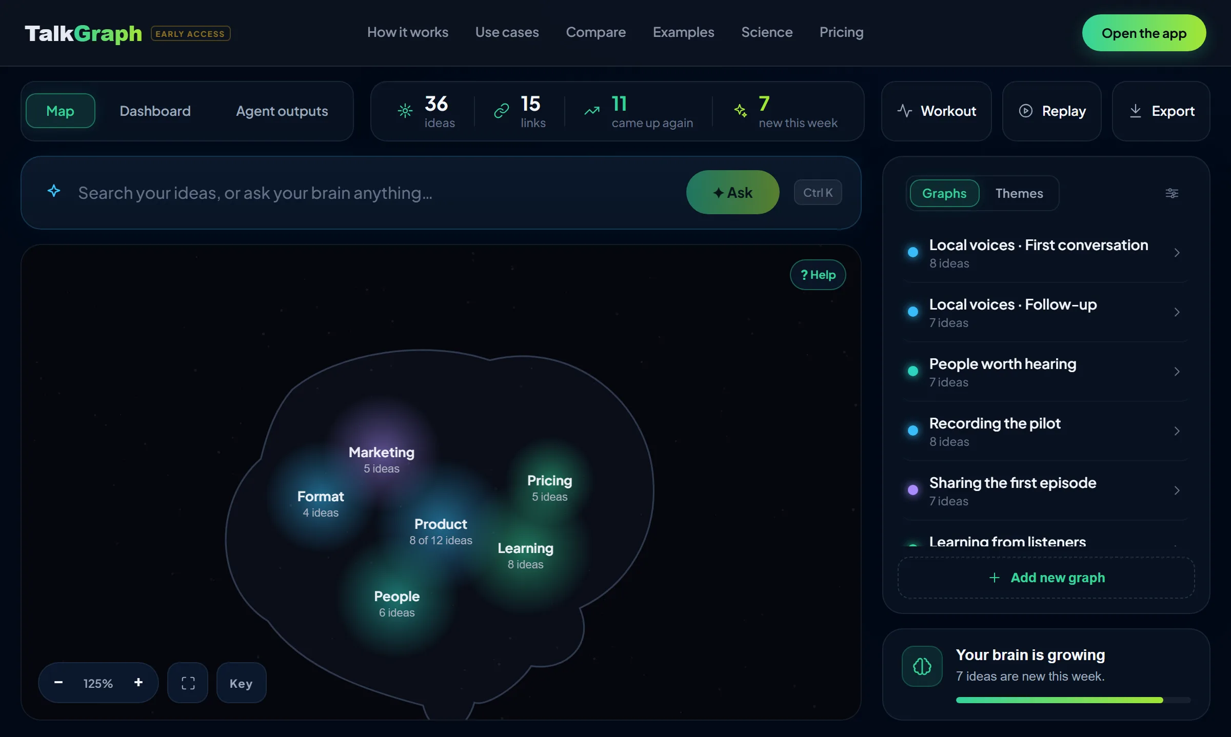 TalkGraph Brain map: one brain outline with a coloured region for each theme, the ideas inside it, and the list of saved graphs.